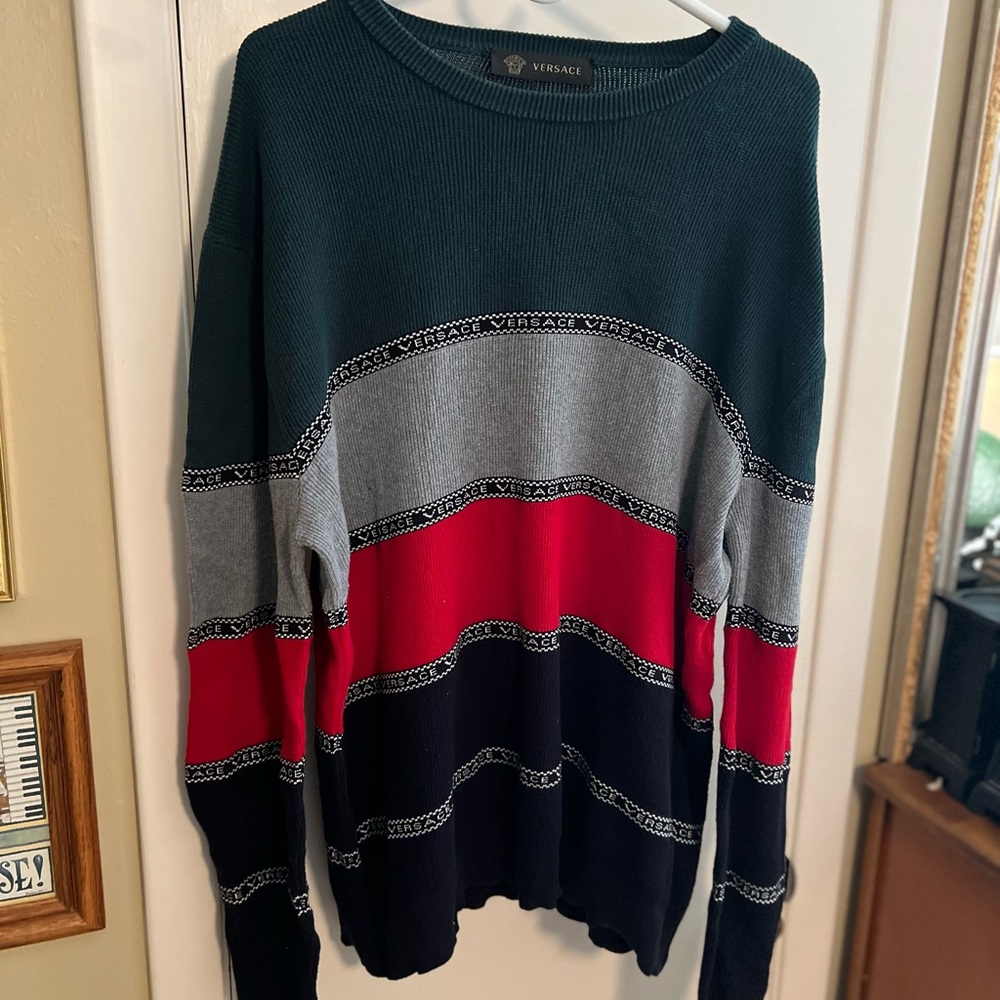 Versace Men's Sweater with Green, Gray, Red, and Black Stripes